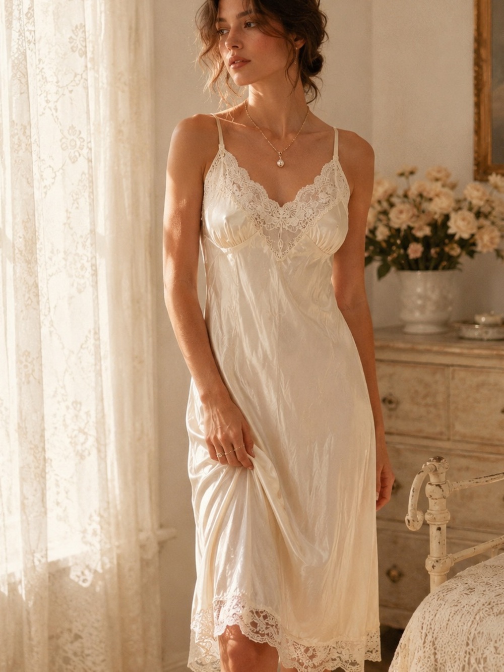 Vintage Ivory Satin Lace Nightgown Slip Dress Romantic Cottagecore Size 32 S
